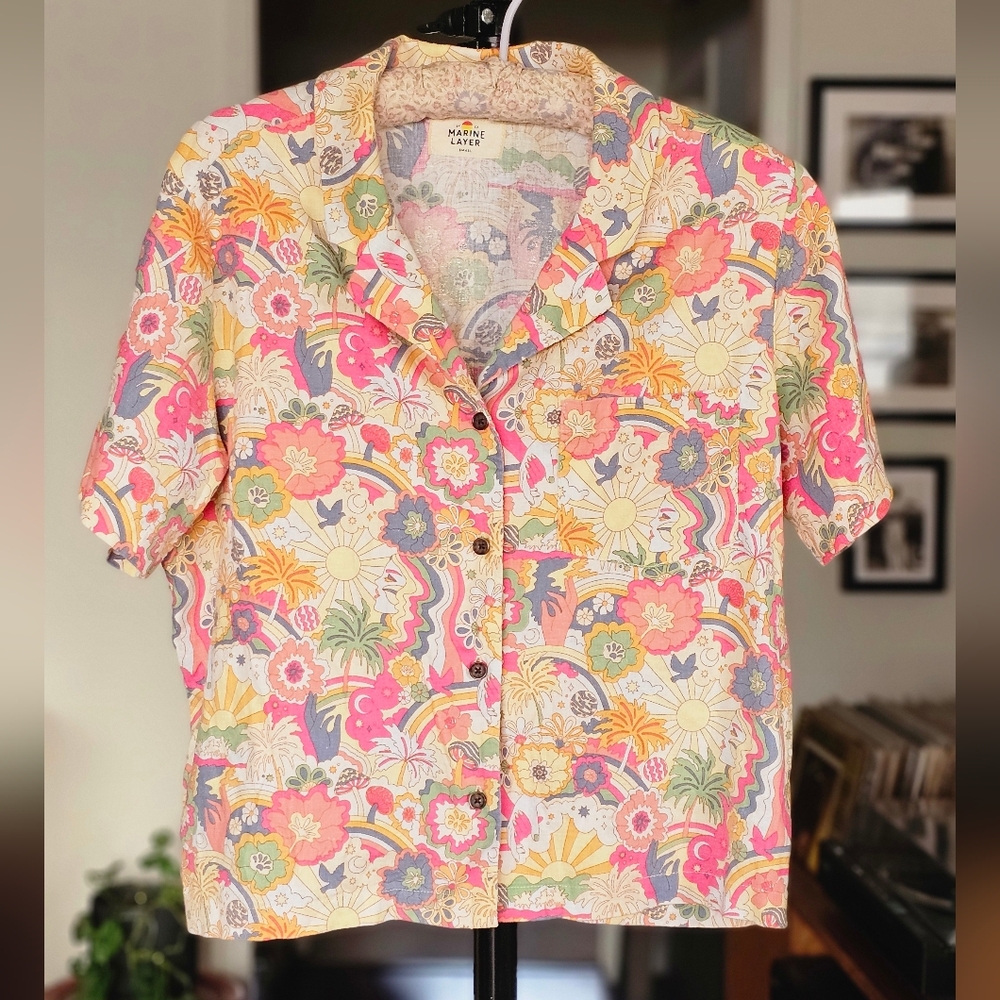 Marine Layer Floral Retro Button-Down Shirt in Pink, Yellow, Green, Blue